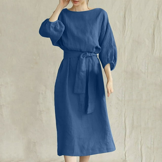 EGNMCR Robes de Vacances pour Femmes Mode Féminine Col Rond Manches Courtes Ample Robe Mi-Mollet Longue