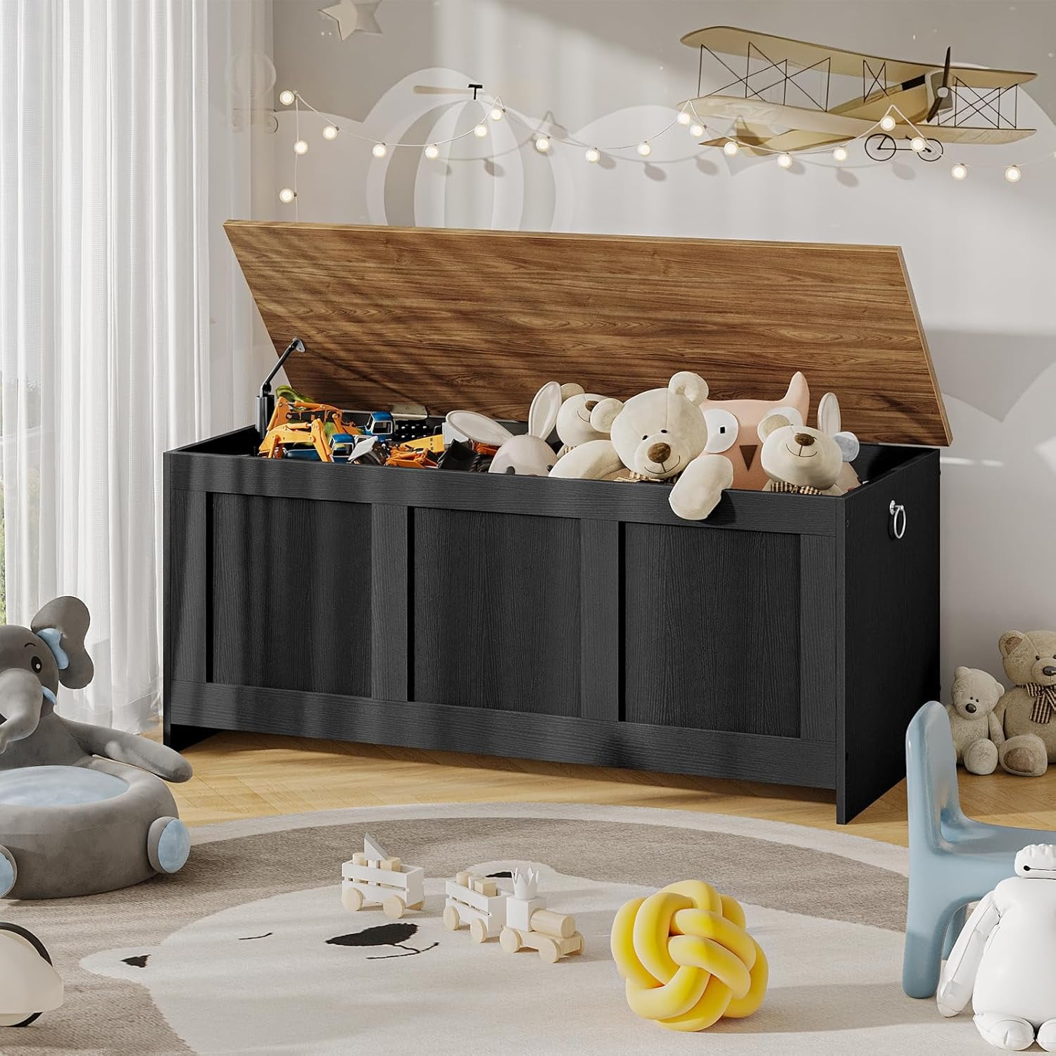 Storage Bench, 39.3" Retro Wooden Storage Chest, Wooden Storage Trunk, Toy Chest with Lift Top, Multifunctional Entryway Organizer, for Entryway, Living Room, Black and Walnut BH141CW01