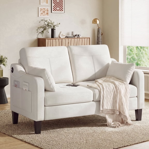 EOP 52" Upholstered Loveseat Sofa, Modern Comfy 2 Seater Couches with USB & Type-C Port, Side Pockets & 2 Pillows for Living Room, Apartment and Small Spaces, Beige