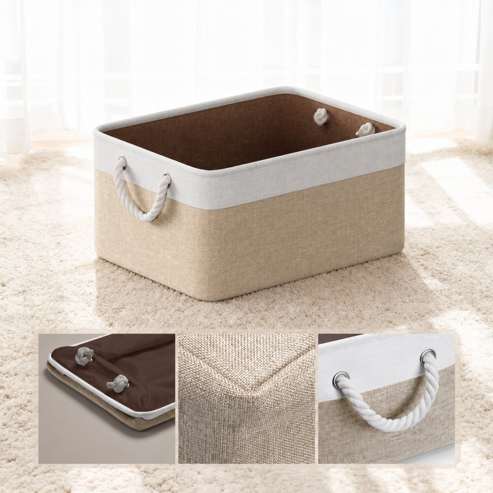 Fenbeli Fabric Storage Baskets Set of 4 Foldable Storage Bins with Cotton Rope Handles for Shelf and Closet, Gray White