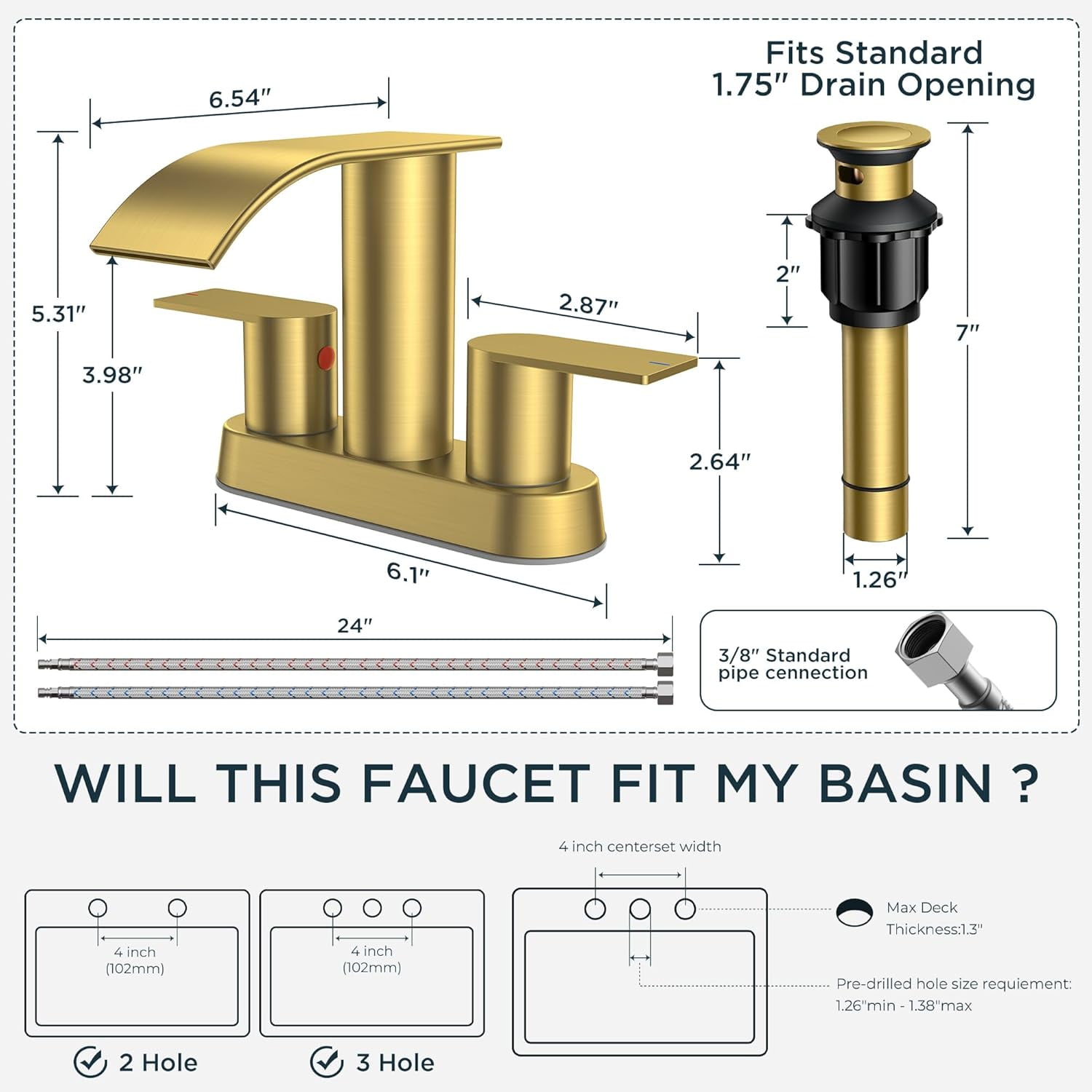 Brushed Gold Bathroom Sink Faucet, Waterfall 4 Inch Centerset Bathroom Faucets with Metal Pop up Drain and cUPC Hose for Basin,Vanity, Rv, Lavatory 2 or 3 Hole Sink