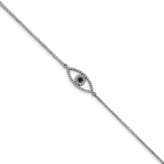 Solid 14k White Gold Small Diamond and Sapphire Blue September Gemstone Evil Eye Protection Bracelet - with Secure Lobster Lock Clasp 7" (Width = 8mm )