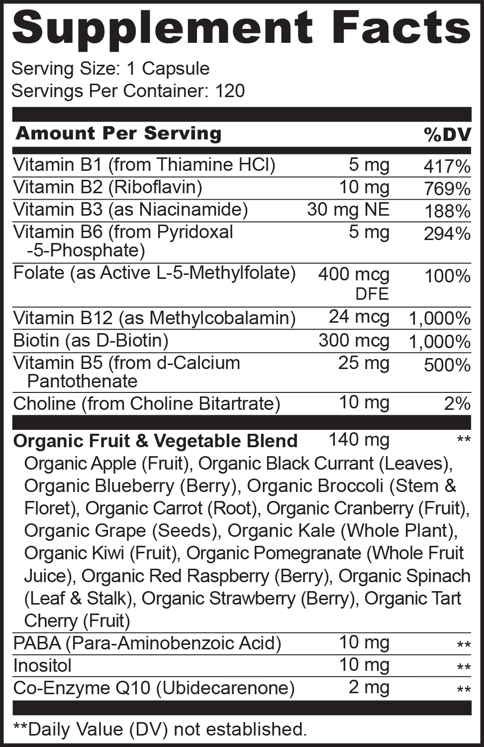 NATURELO Vitamin B Complex with Methyl B12, Methyl Folate, Vitamin B6, Biotin Plus Choline, CoQ10, and Fruit & Vegetable Blend - Supports Energy & Healthy Stress Response - Vegan - 120 Capsules