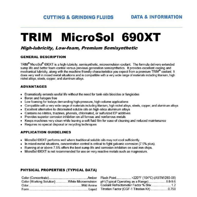 TRIM Cutting & Grinding Fluids MS690XT/1 MicroSol 690XT Low foam Premium  Semisynthetic Microemulsion Coolant, High Lubricity, 1 gal Jug