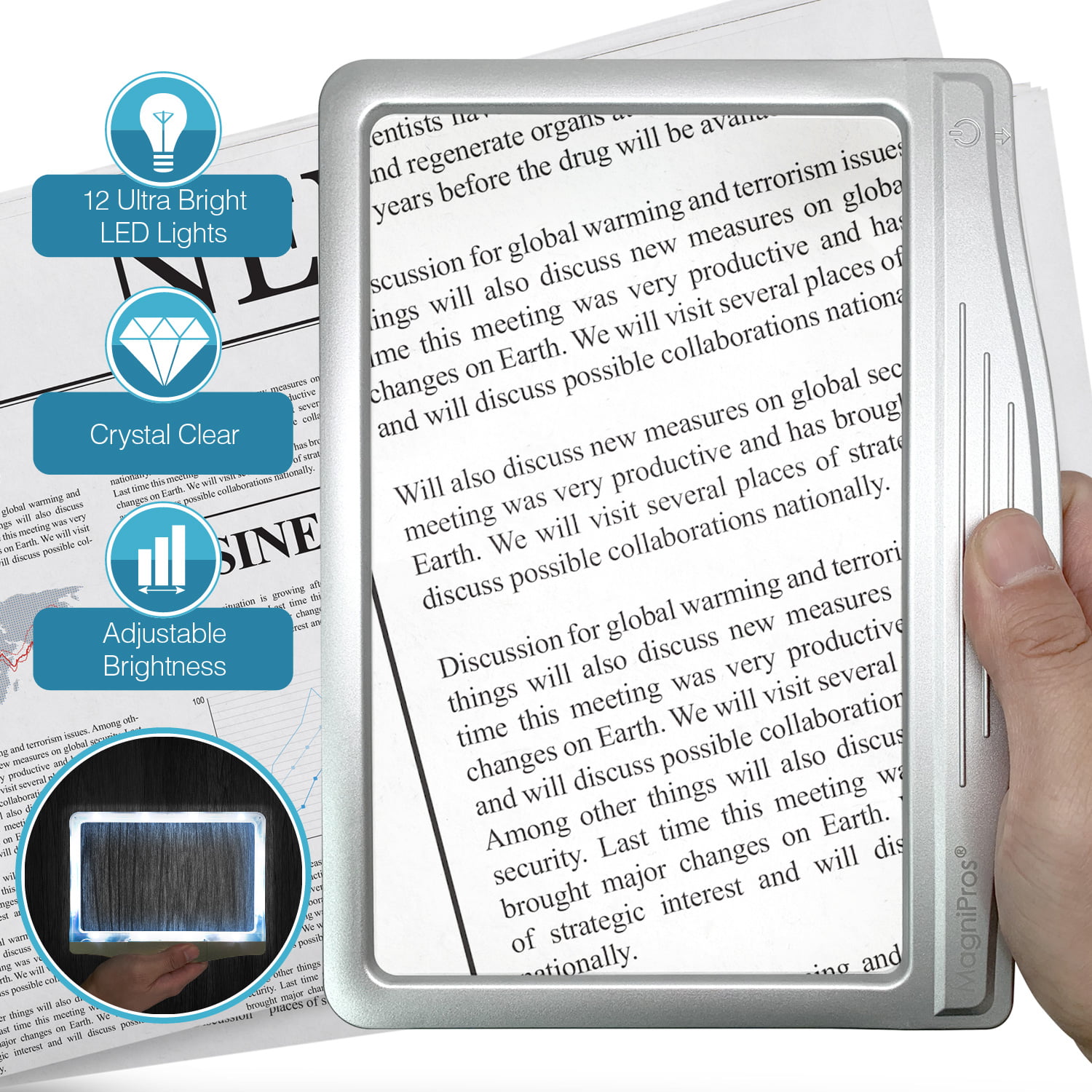 MagniPros 3X Large Ultra Bright LED Page Magnifier with 12 Anti-Glare  Dimmable LEDs(Evenly Lit Viewing Area & Relieve Eye Strain)-Ideal for  Reading Small Prints & Low Vision Seniors with Aging Eyes - Walmart.com