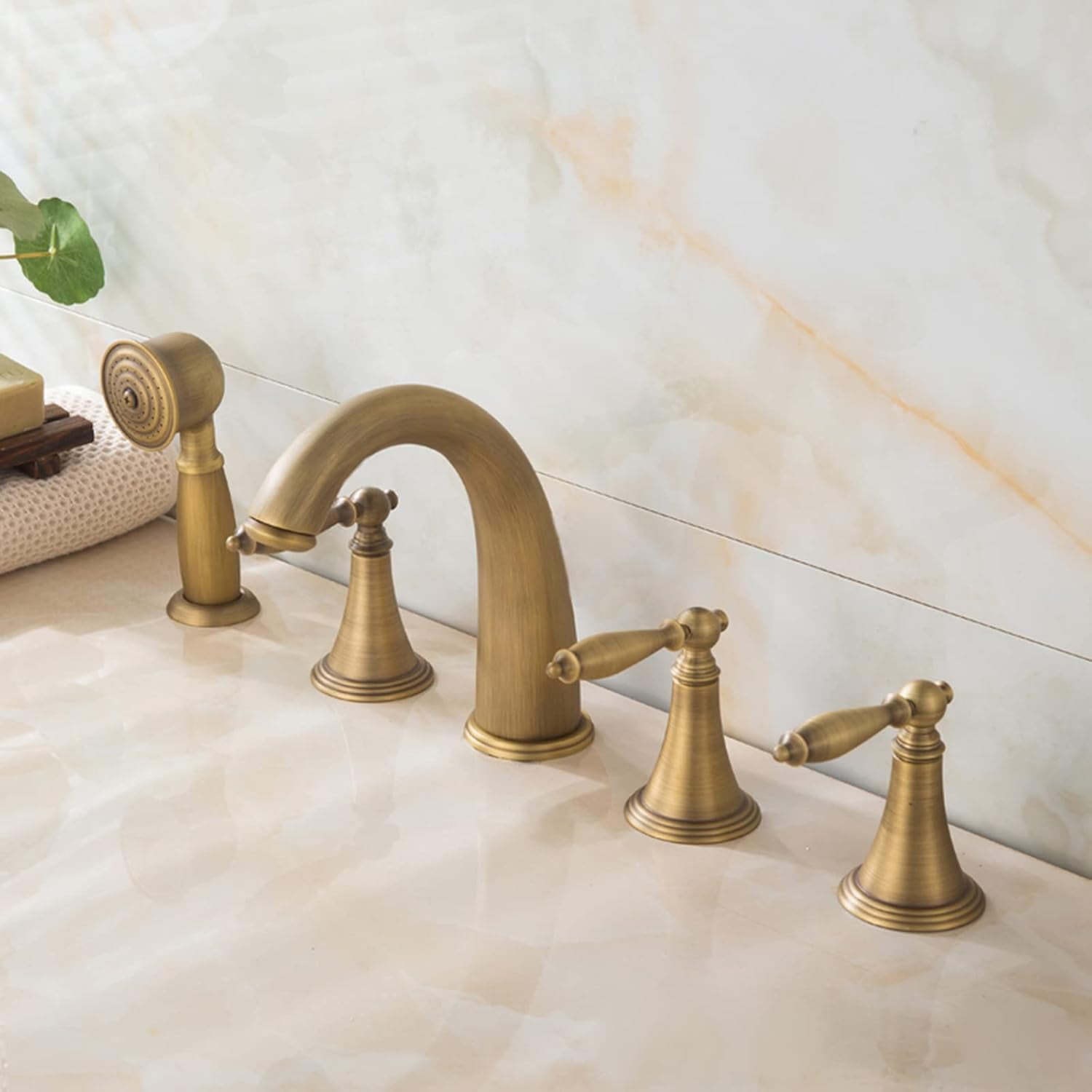 Bath Mixer Faucets With Shower, Bath Faucet Antique Brass 5 Holes Pull Out Shower Shower Mixer Faucet Set For Bathtub-C