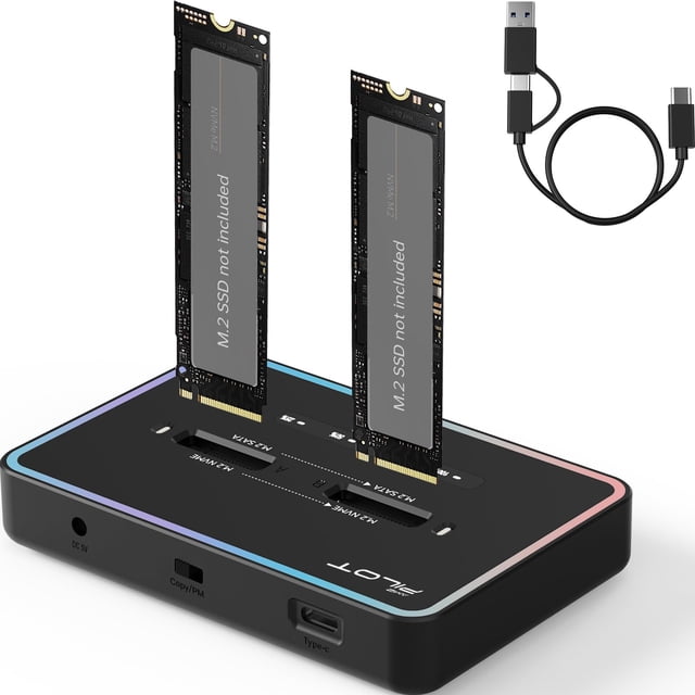 AMZPILOT M.2 Duplicator Cloner Dual-Bay Offline USB C to NVME SATA Docking Station, M.2 Reader 20Gbps for Both (M Key, B+M Key) PCIE NGFF Dock, Size