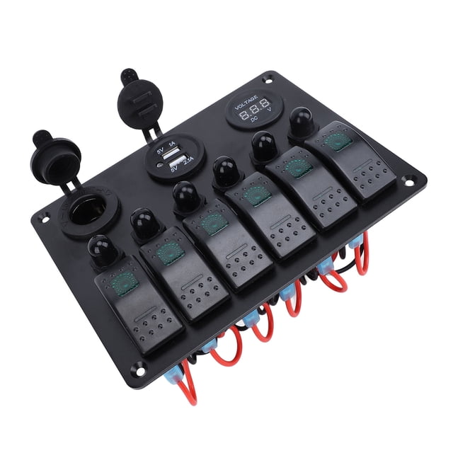 DC Marine Boat Toggle Switch 6 Gang ON Off Rocker Switch Panel USB with Digital Voltmeter Display for Boats Yachts Cars RVs SUVs
