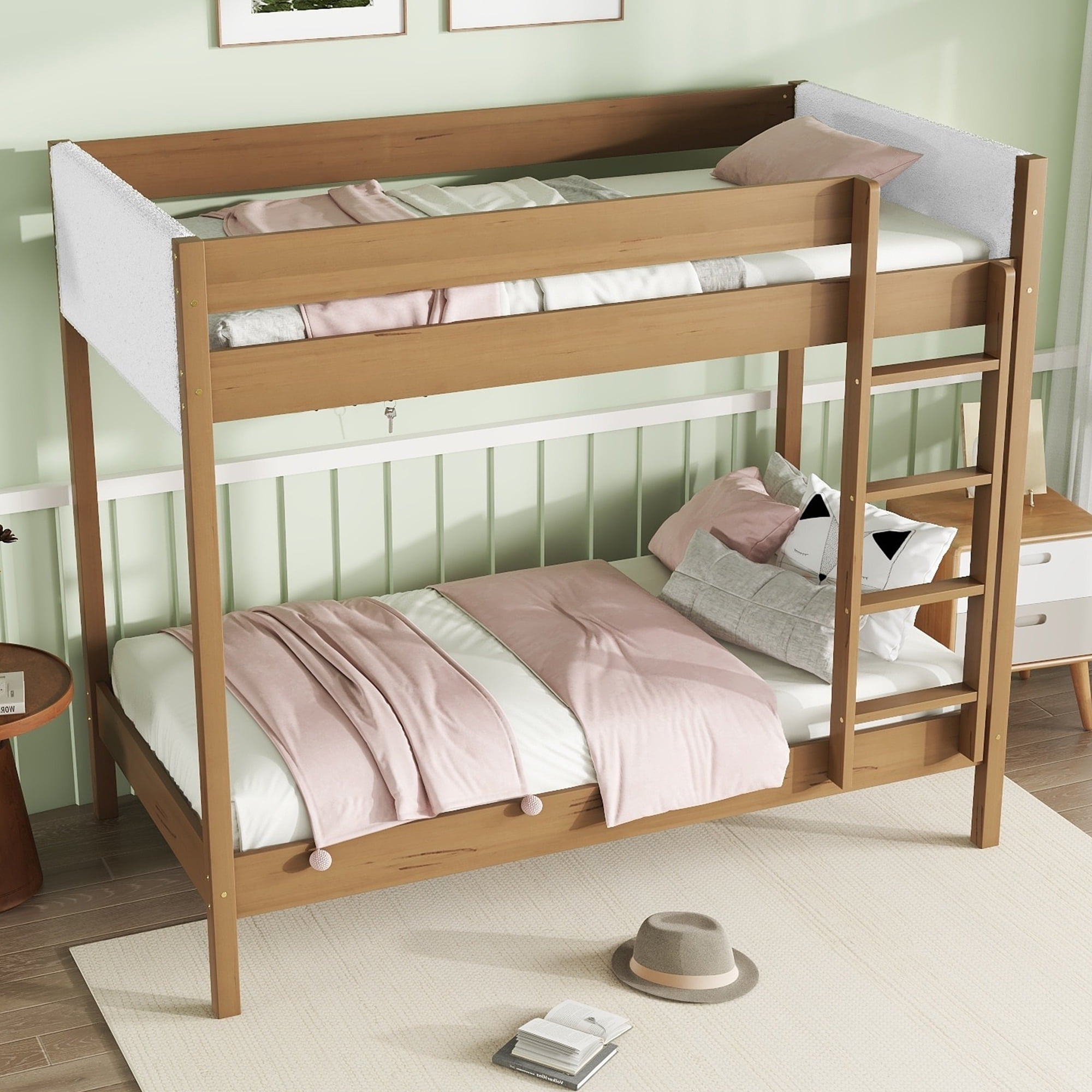 Sailvan Twin Over Twin Bunk Bed with Boucle Upholstered Headboard Footboard,Ladder, Safety Guardrail