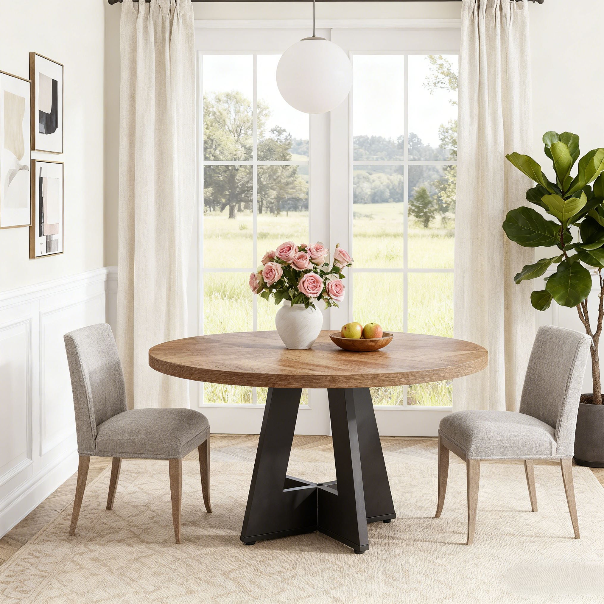 Fnova 47" Coffee Table, Round Dining Table for 4 People, Modern Farmhouse Wooden Kitchen Table, Living Room, Black Brown (Chairs Not Included)