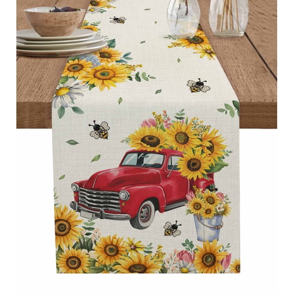 Spring Yellow Sunflowers Table Runner 90 Inches, Farmhouse Car Bees Country Bed Runner Dresser Scarves Tabletop for Indoor Outdoor Parties/Ceremony/Banquet, 13" x 90"