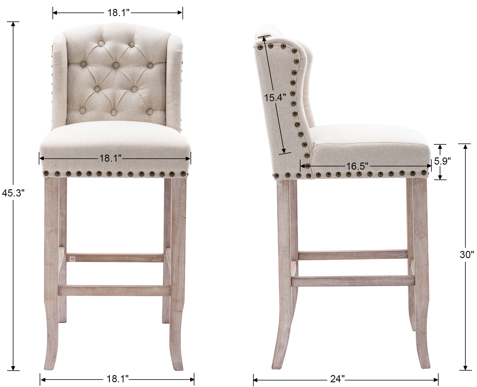 Guyou Tufted Bar Stool, Nailhead Trim, Upholstered, 30'' Height, Beige (Set of 2)