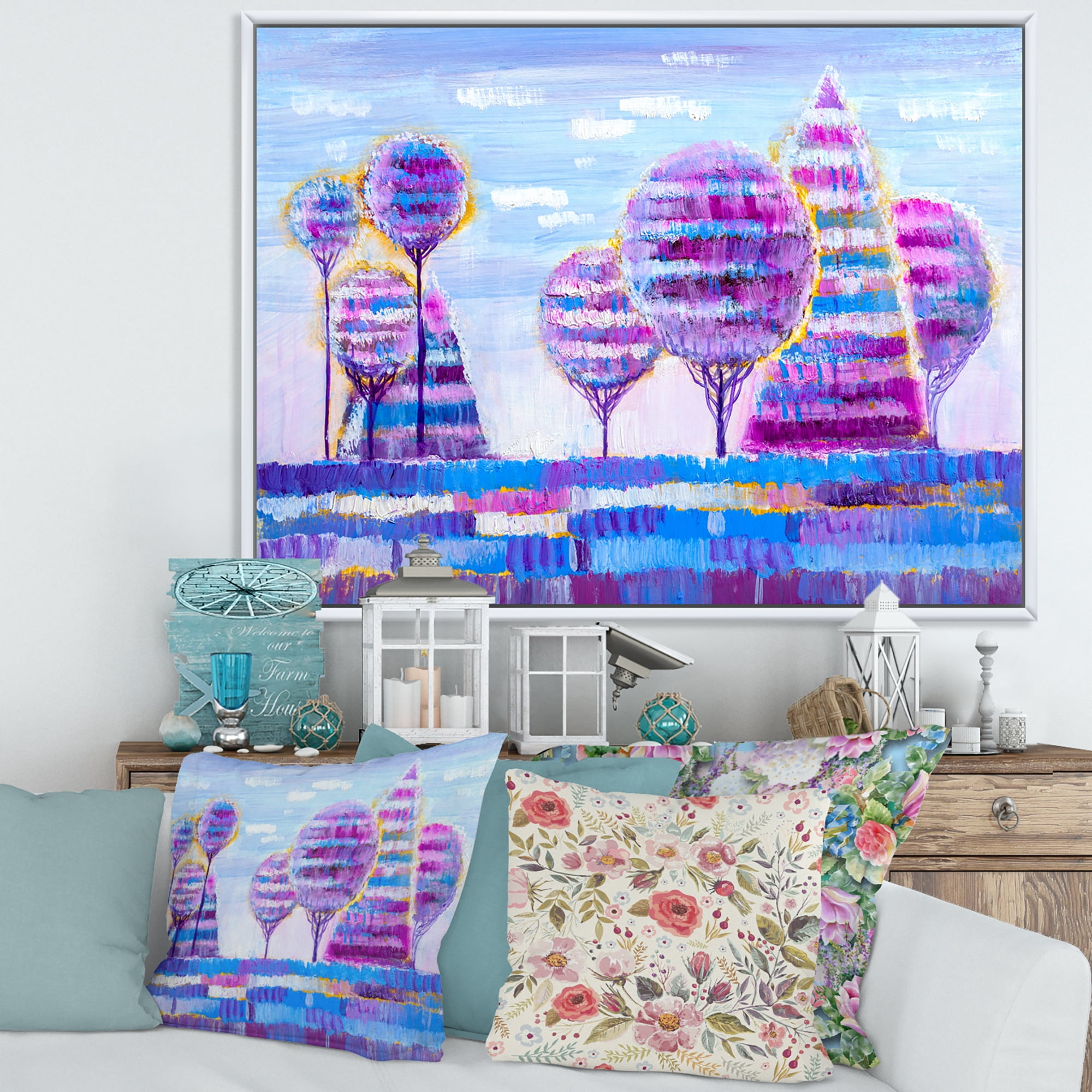 Designart 'Purple Coloured Tree Impression Landscape I' Modern Framed Canvas Wall Art Print