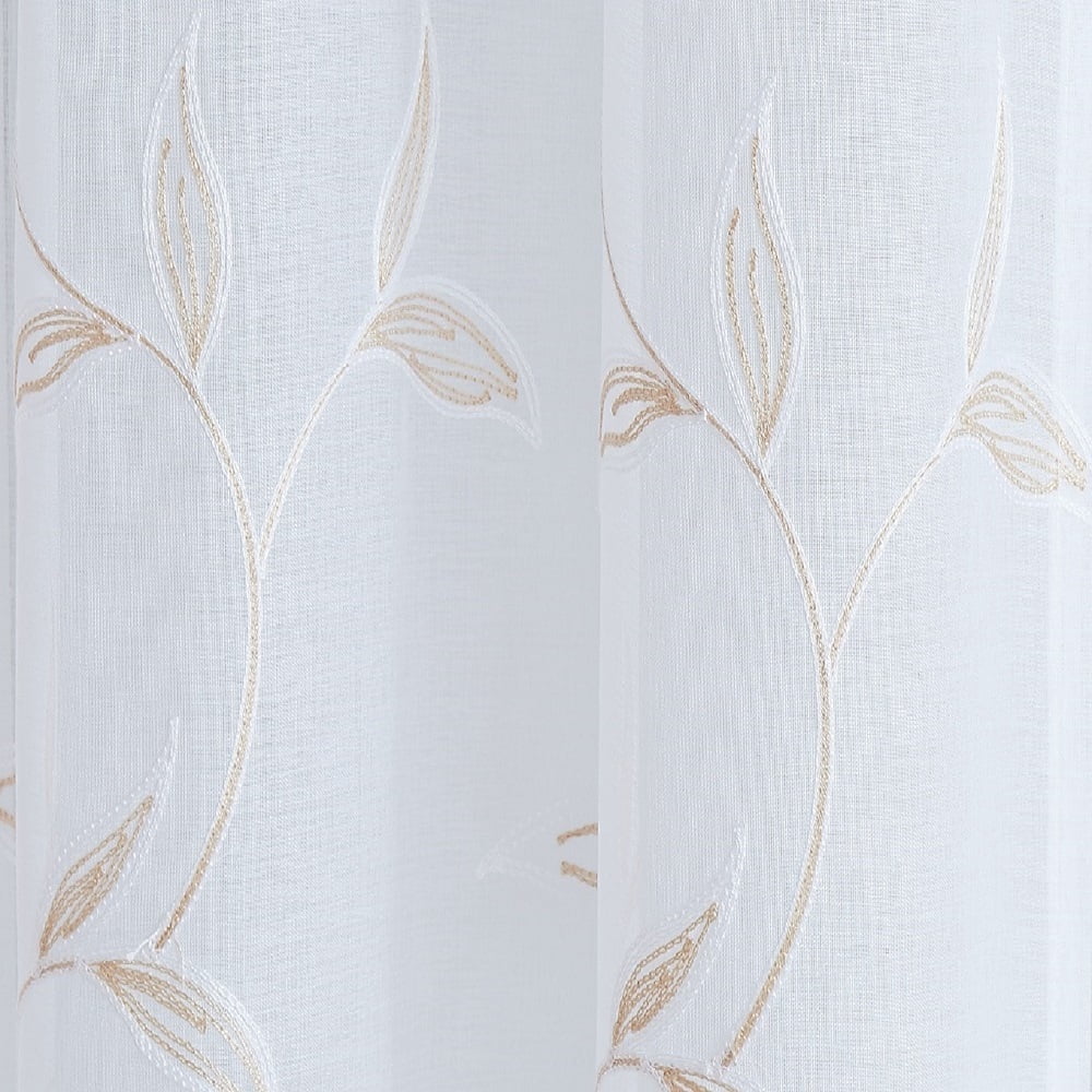 Warm Home Designs Pair of Standard Length 54" x 84" Sheer White Curtains with Gold Linen Leaf Embroidery. M Linen 84
