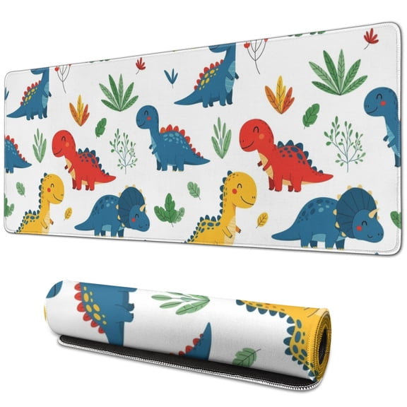 Long Mouse Pads for Desk,Colorful Dinosaur and Leaf Pattern Desk Mats on Top Of Desks, Desk Mouse Pad Extra Large with 3mm Non-Slip Base and Stitched Edge for Gaming,Office,Work,Home 31.5"x11.8"