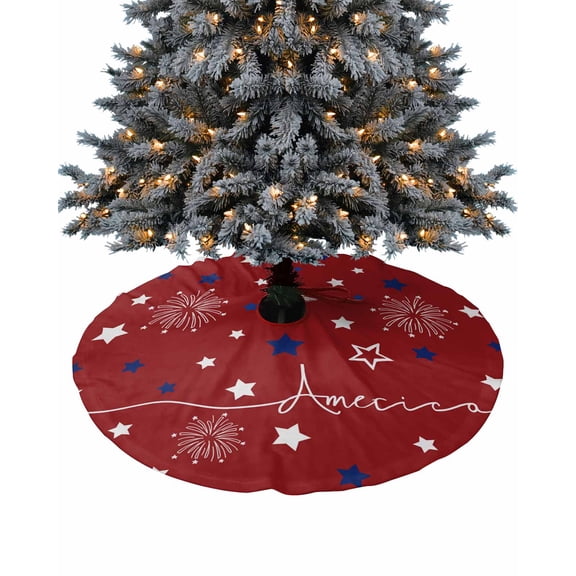 Red 4th of July Christmas Tree Skirt 48 Inches Large Christmas Skirt Tree, Independence Day Blue White Star Fireworks Tree Skirt Christmas Decorations for Fireplace Party Holidays Indoor Outdoor
