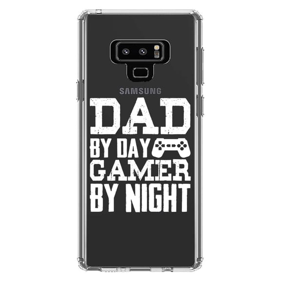 DistinctInk Clear Shockproof Hybrid Case for Samsung Galaxy Note 9 - TPU Bumper Acrylic Back Tempered Glass Screen Protector - Dad By Day Gamer By Night