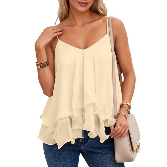 Tank Tops for Women Off Shoulder Ruffle Casual Summer Flowy Beach Dress Camisoles for Women Beige L