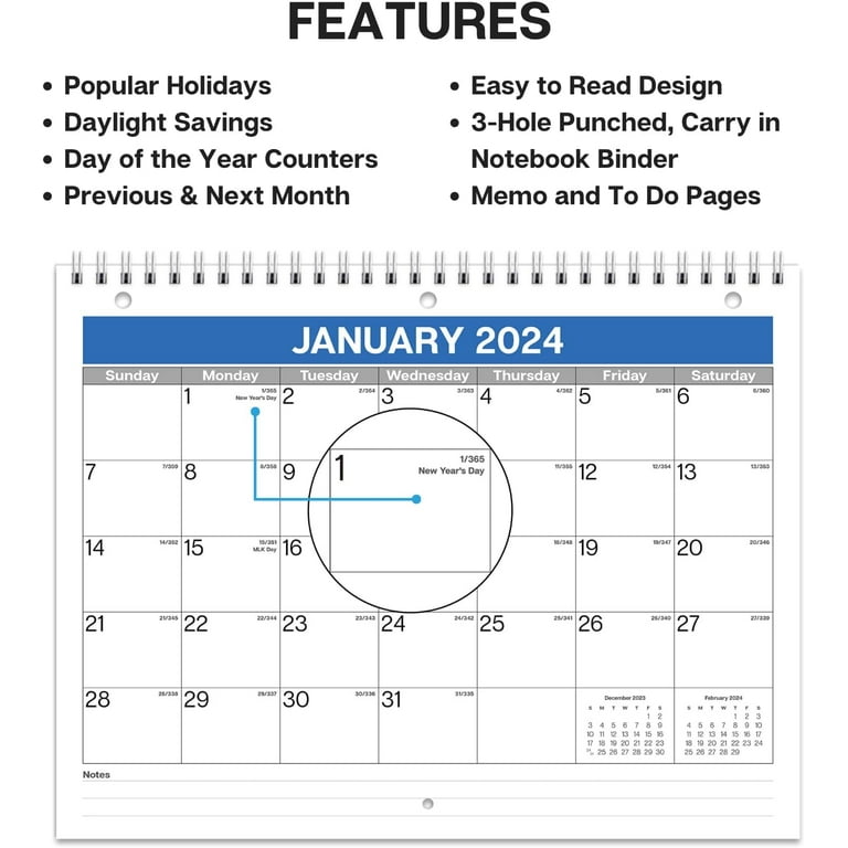 Dunwell calendar for 3-ring binder 2023-2024 - (8.5x11) use now to december  2024, school year 2023-24 calendar, spiral bound 3-hole punched calendar  for binder, desk and wall - walmart.com