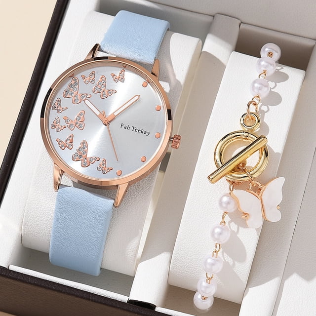 6pcs Reloj De Pulsera + Conjunto De Cuello + Relojes De Mujer Señora Cuarzo Casual Mariposa Diamante Gao Jiahui unisex