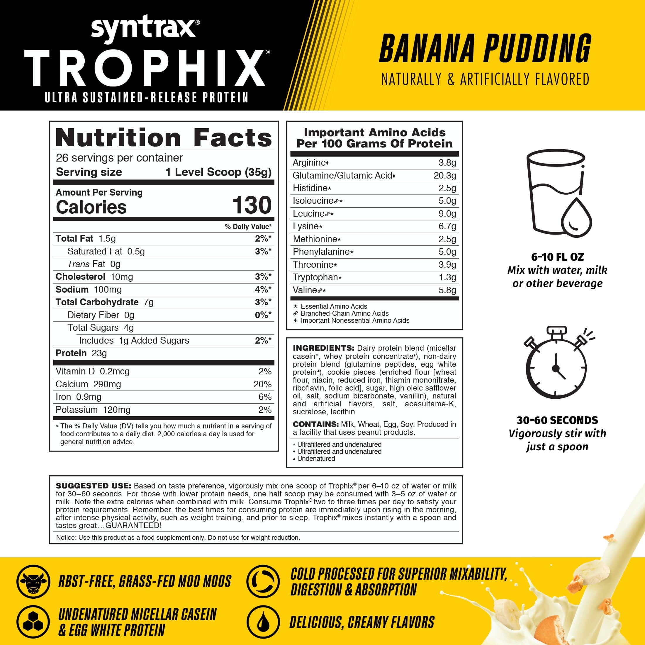 Syntrax Nutrition Trophix, Banana Pudding 2 lbs. Ultra Sustained-Release Protein Powder Blend, offers a Rich & Creamy Flavor