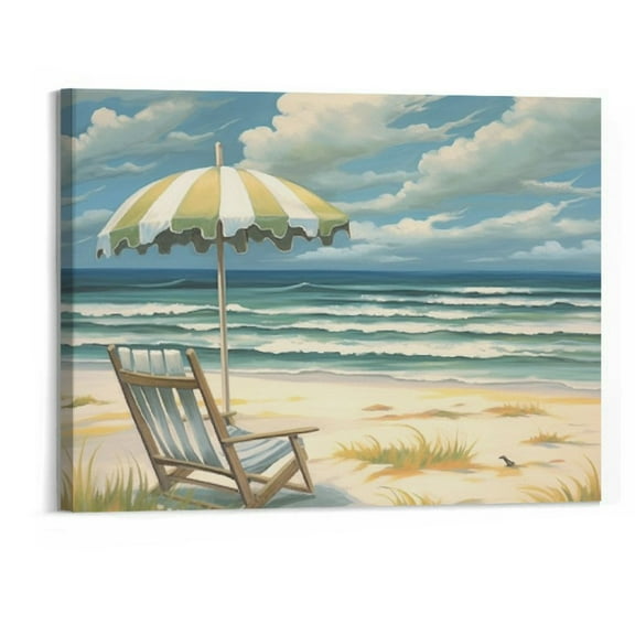 Creowell  Beach Seaside Pictures Wall Art,Ocean Scene Artwork Coastal Abstract Paintings on Canvas Prints Wood Frame Wrapped for Living Room Bedroom Home Decor 20x16 Inch