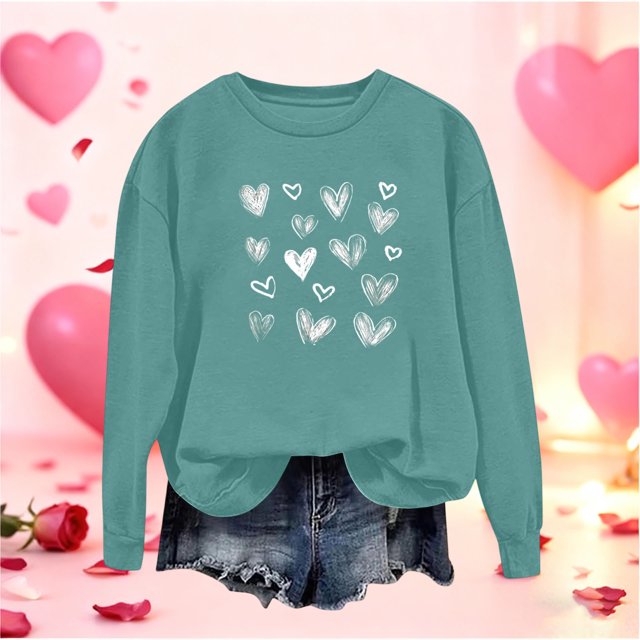 Mceream Chandails de la Saint-Valentin pour Femmes Mode Décontractée Imprimé Cœur Graphique Manches Longues Chemises Surdimensionnées Col Rond Chandail Hauts Grande Taille Vert Menthe m