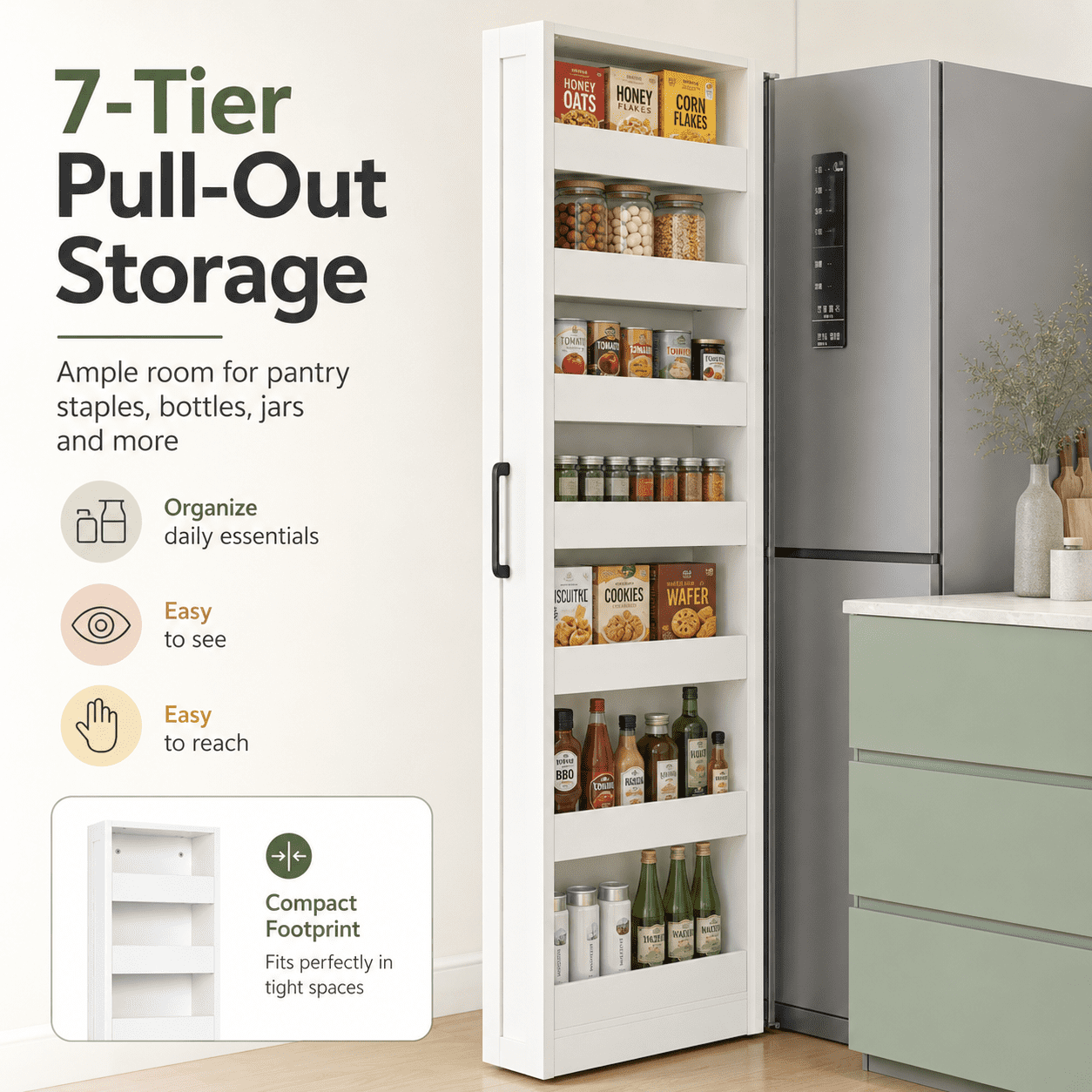 Aukfa 7-Tier Slim Rolling Pantry Cabinet, 68.3" Narrow Pull-Out Kitchen Storage Cart with Handle and Casters,White