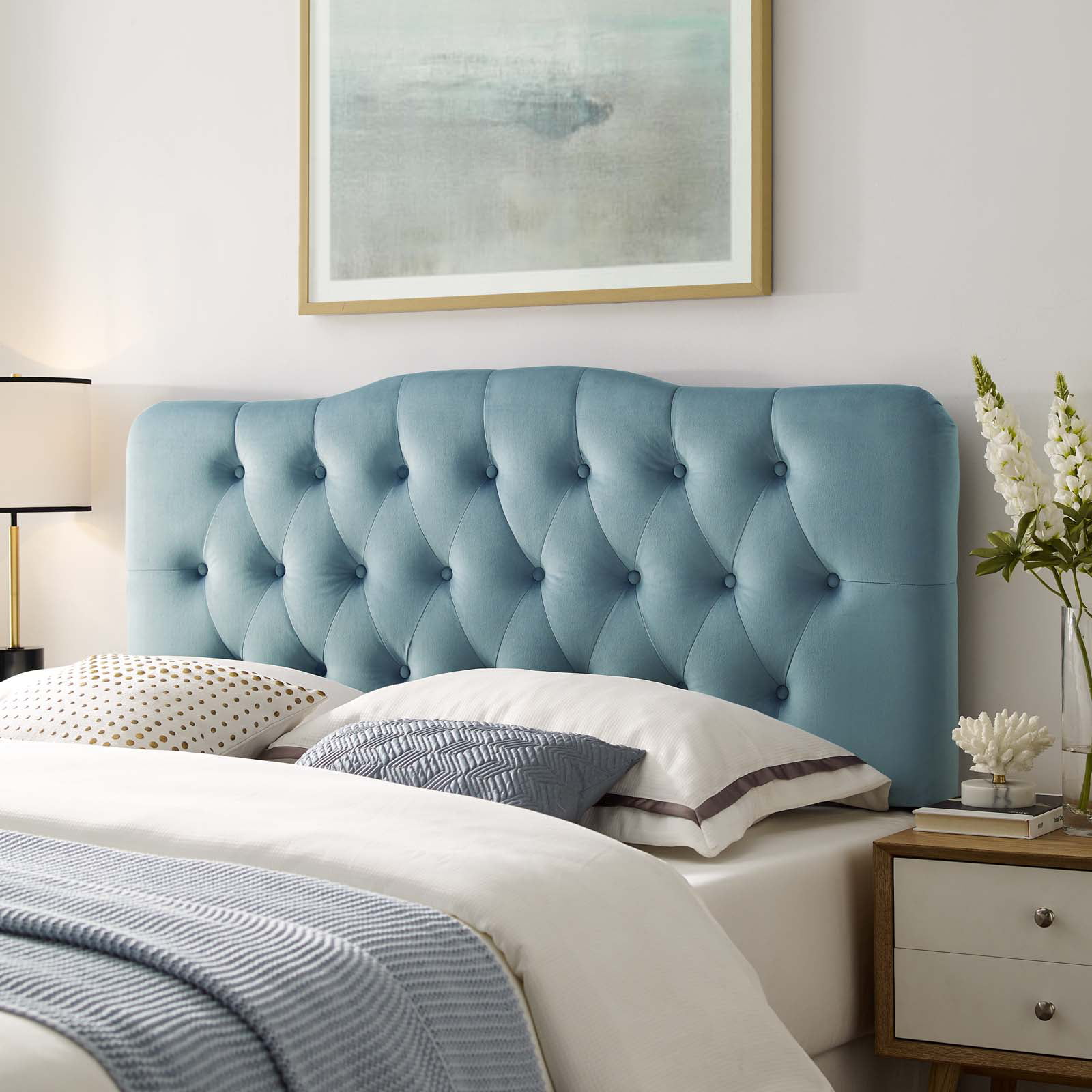 Diamond Tufted Light Blue Velvet Upholstered Full Size Bedroom Headboard 