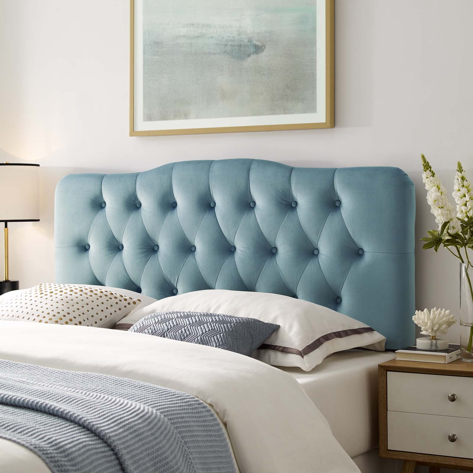 Annabel King Diamond Tufted Performance Velvet Headboard in Light Blue