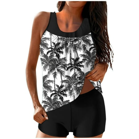 ZQGJB Blouson Tankini Swimsuits for Women Two Pieces Summer Tropical Printed Beach Flowy Swim Tank Top and Boyshorts Tummy Control Bathing Suits(Black S)