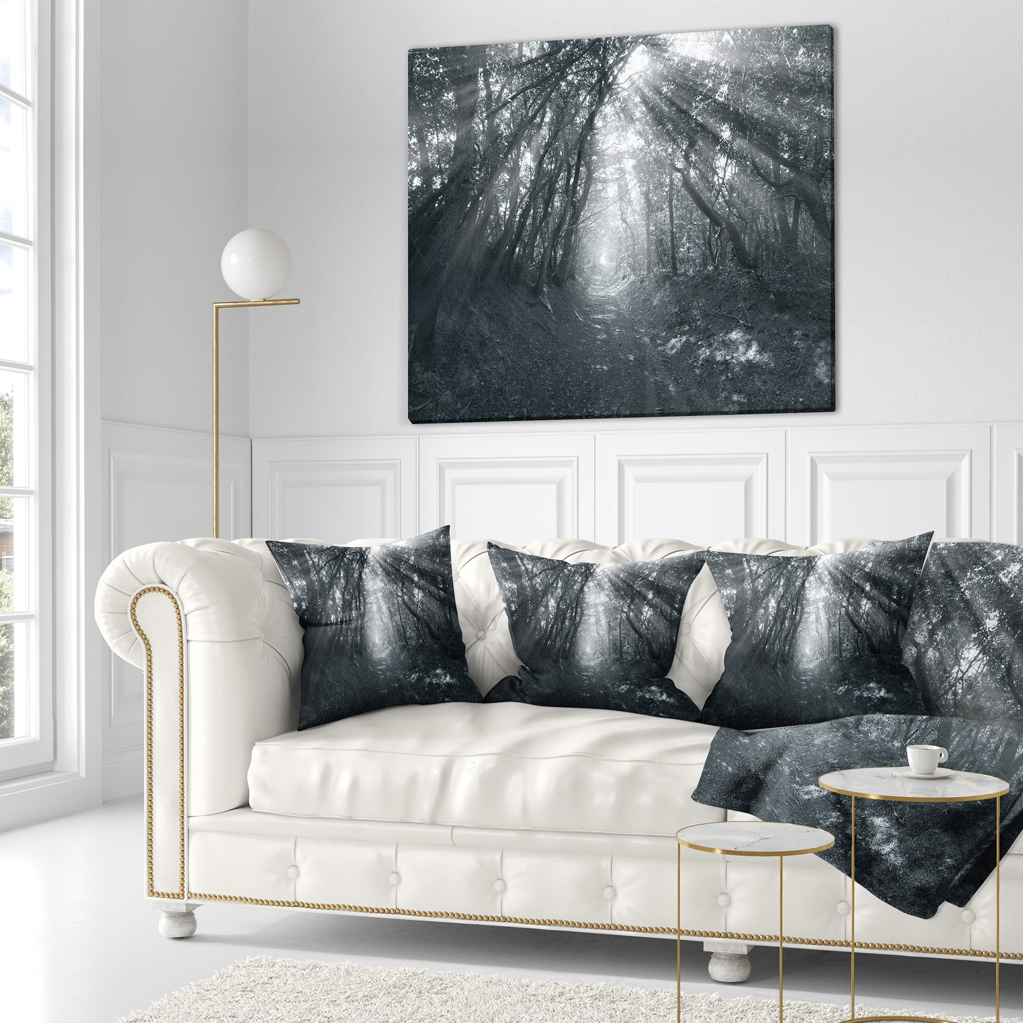 Designart Sun Rays Through Gray Trees - Landscape Photography Throw Pillow - 16x16