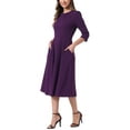 thumbnail image 4 of INSPIRE CHIC Women's Elegant Work Dress 3/4 Sleeve Pleated Round Neck Swing Midi Dress XS Deep Purple, 4 of 5