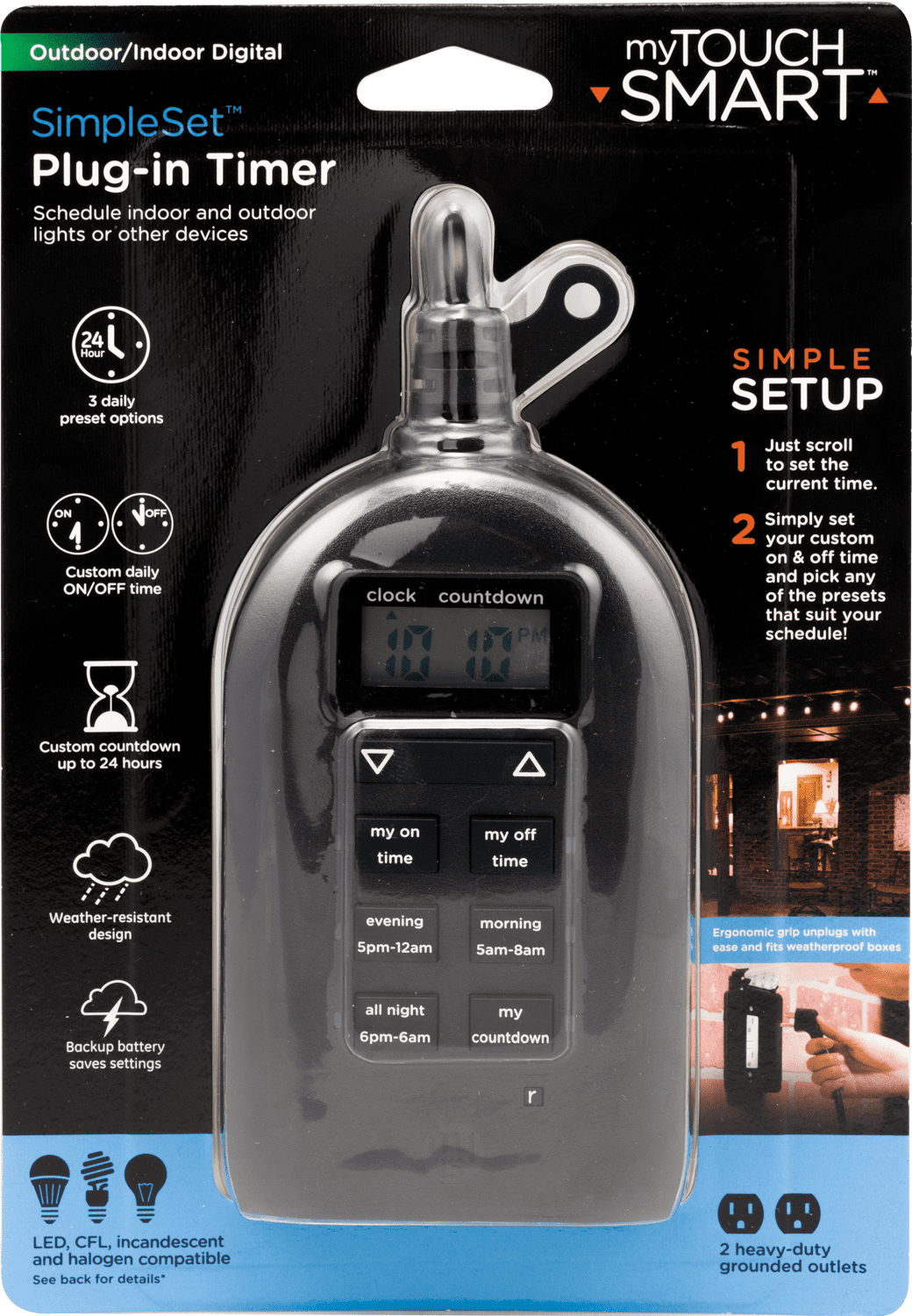 myTouchSmart Simple Set Outdoor Digital Timer, 2-Heavy Duty Grounded  Outlets, 24hr, Black