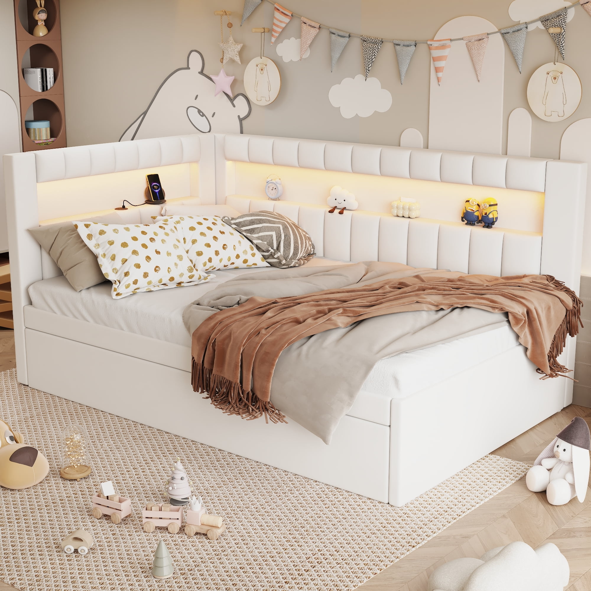 Euroco Upholstered Twin Size Daybed with Trundle, USB Charging Station and LED Light, White