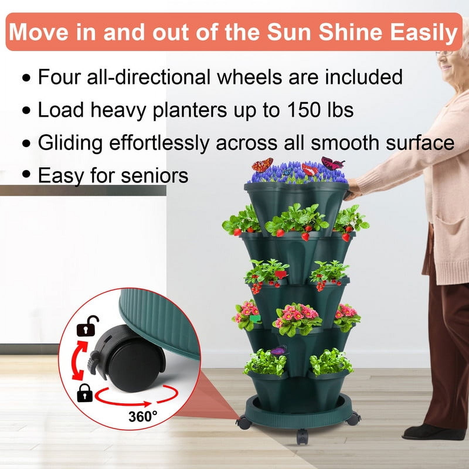 2 Pack of 5 Tier Stackable Planter Vertical Garden With Various Accessories for Vegetables, Flowers, Herbs, Succulents, Microgreen Gardening - Green