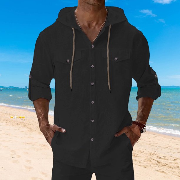 Ceisia Men's Regular Fit Cotton Linen Blend Hooded Roll-Tab 3/4 Sleeve Solid Color Casual Shirt Gifts