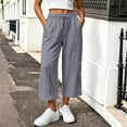 thumbnail image 2 of Njagoc3 Linen Capris for Women Elastic Waisted Drawstring Capri Pants with Pockets Side Button Casual Summer Cropped Pants, 2 of 6