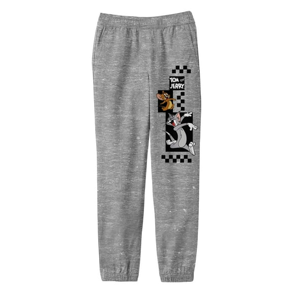 Tom & Jerry Jumping Characters With Checkered Background Youth Heather Gray Graphic Jogger Pants-Large