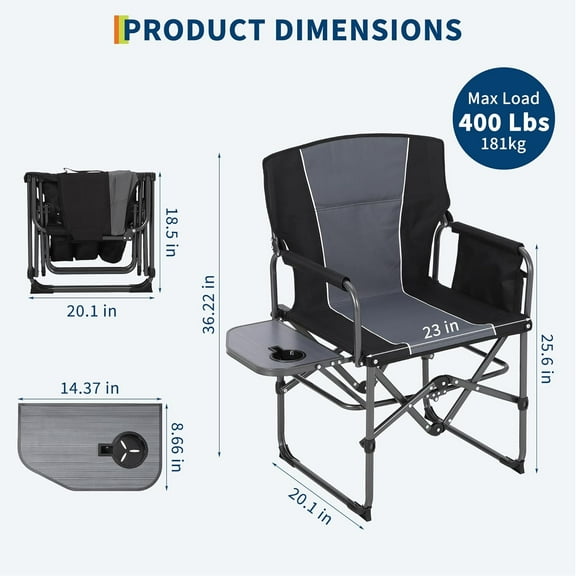 Acekid Portable Folding Rocking Chair Folding Camping Chair With Side Table Drink Holder Directors Chairs With Armrests Comfortable Backrest For Picnic Beach Fishing Black Grey 2 Pack