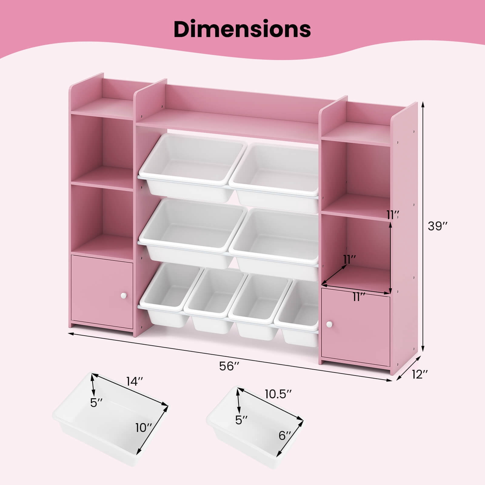 Costway 4-Tier Large Storage Cabinet with 6 Cubbies & 8 Removable Bins Bookshelf Pink