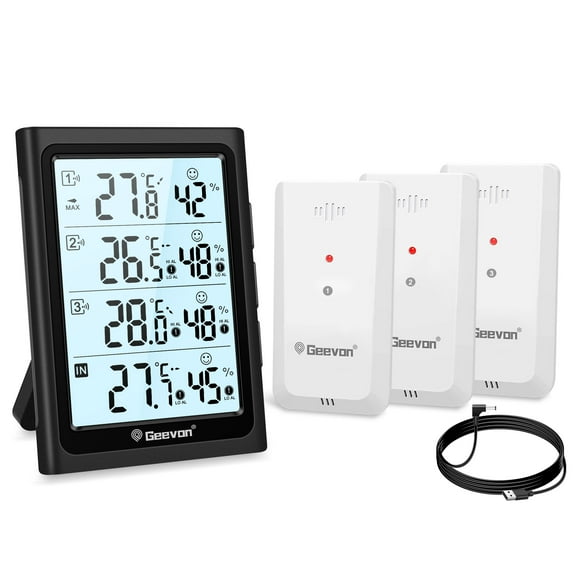 Geevon Weather Stations Wireless Indoor Outdoor Thermometer with 3 Outdoor Sensors, Large LCD Display Digital Temperature Humidity Gauge with Backlight (LCD Display)