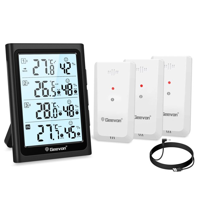 Geevon Weather Stations Wireless Indoor Outdoor Thermometer with 3 Outdoor Sensors, Large LCD Display Digital Temperature Humidity Gauge with Backlight (LCD Display)