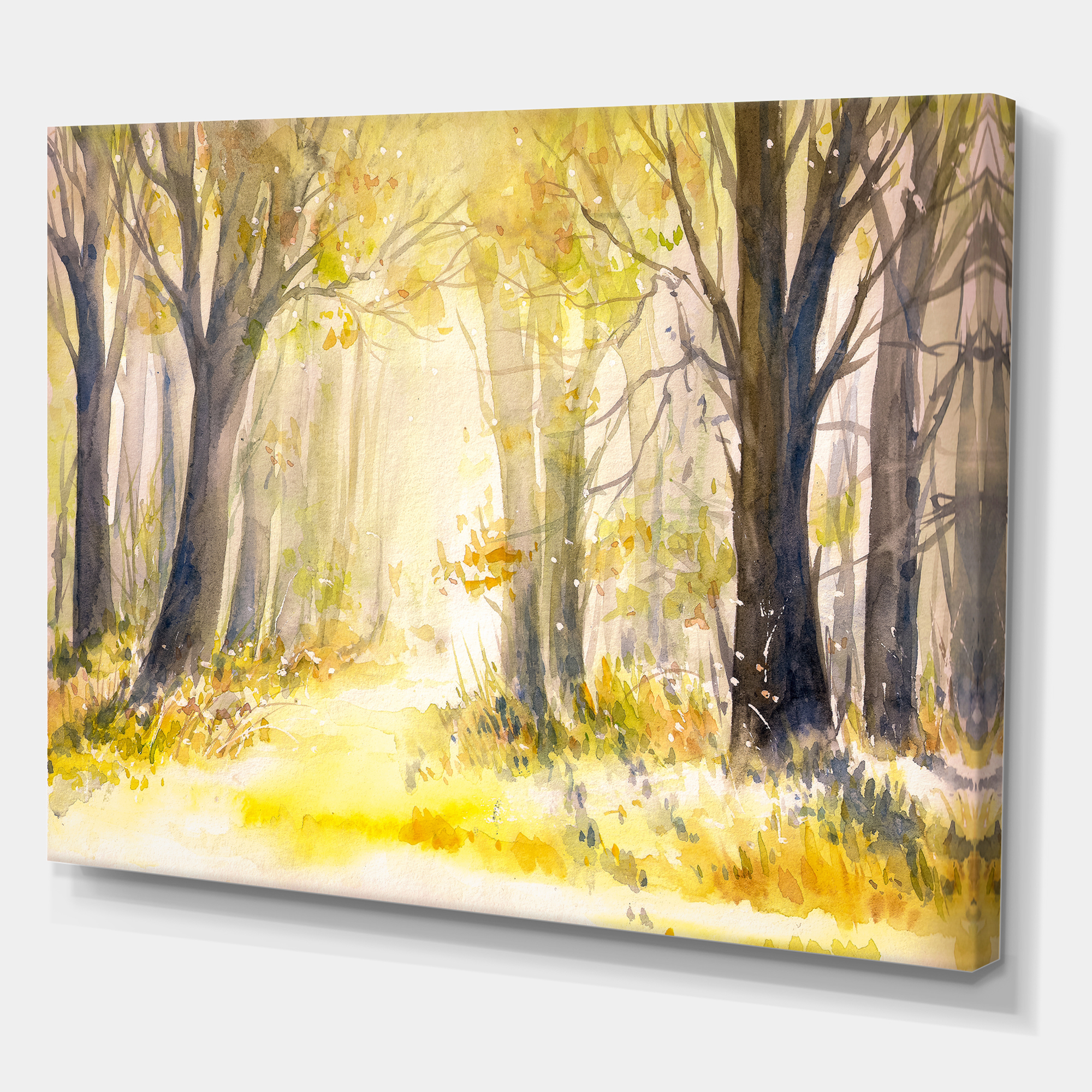 Bright Sunshine Through The Yellow Forest Trees I 32 in x 16 in Painting Canvas Art Print, by Designart