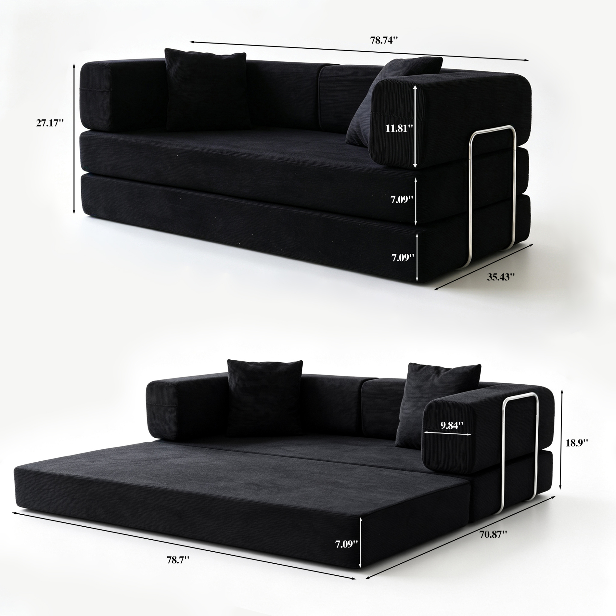 HOQBN Double Sofa Bed, Multifunctional Compression Sofa, Wide Body Pure Spine Sofa, Fine Striped Corduroy Fabric Sofa for Living Room Antique Black
