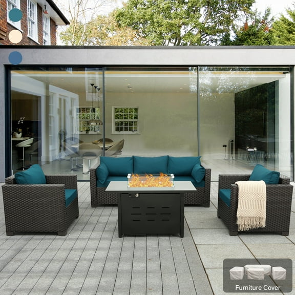 Waroom 4-Piece Outdoor Wicker Furniture Set with Fire Pit Table 50000BTU Patio Couch Single Chairs Set for Porch, Peacock Blue