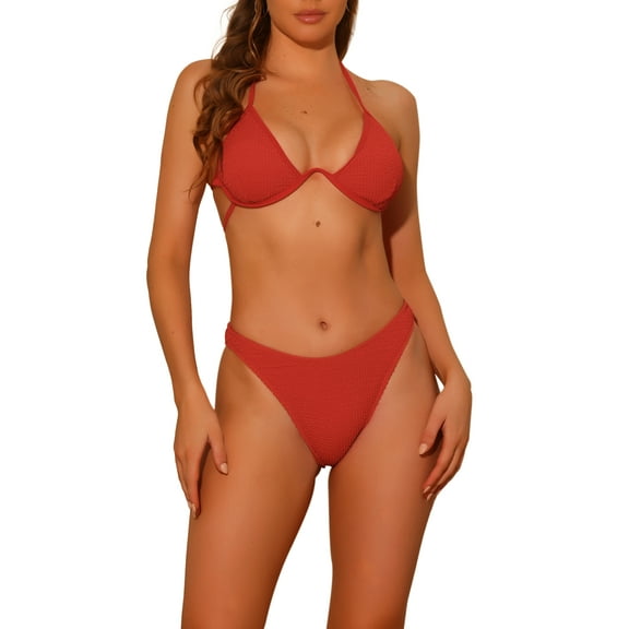 INSPIRE CHIC Women's Halter Underwire Ribbed Bikini Sets, 2 Piece Double Straps Tie Back Triangle Bottoms Swimwear Bathing Suits Large Red