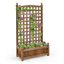 Wood Planter Box with Trellis - 25"x11"x48" Freestanding Garden Planter, Outdoor Flower Pot with Climbing Plant Support for Yard, Patio, Balcony - Dark Brown Fir