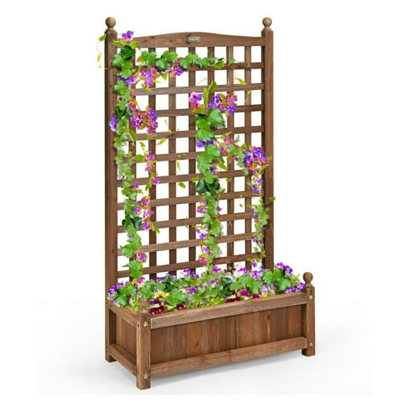 Wood Planter Box with Trellis - 25"x11"x48" Freestanding Garden Planter, Outdoor Flower Pot with Climbing Plant Support for Yard, Patio, Balcony - Dark Brown Fir