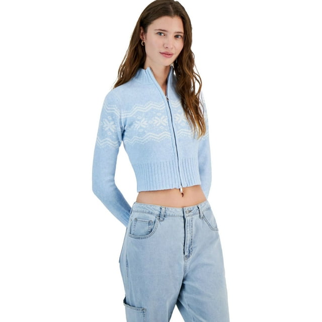 PLANET HEART Womens Fair Isle Cropped Cardigan Sweater, Blue, Juniors, X-Small